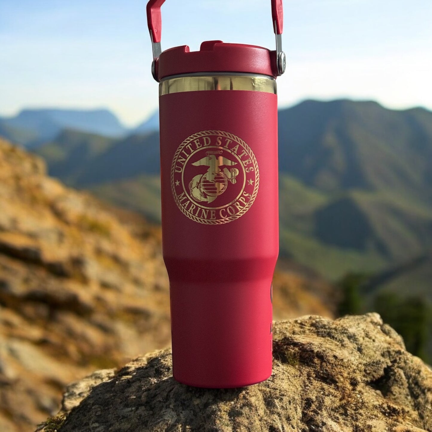 US Marine laser engraved red over gold mirror 30oz flip top tumbler