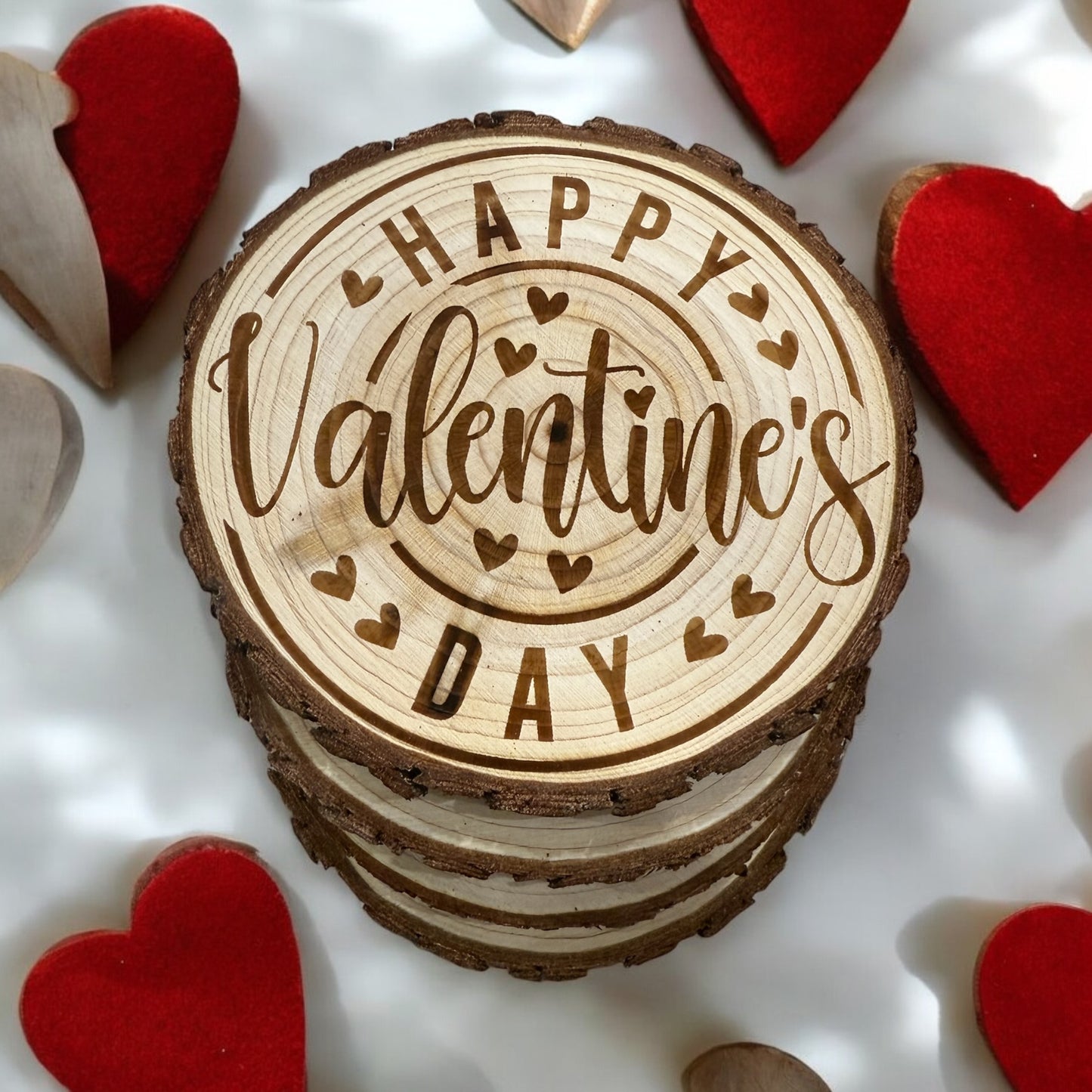 Valentines Day custom engraved natural wood coaster set of 4