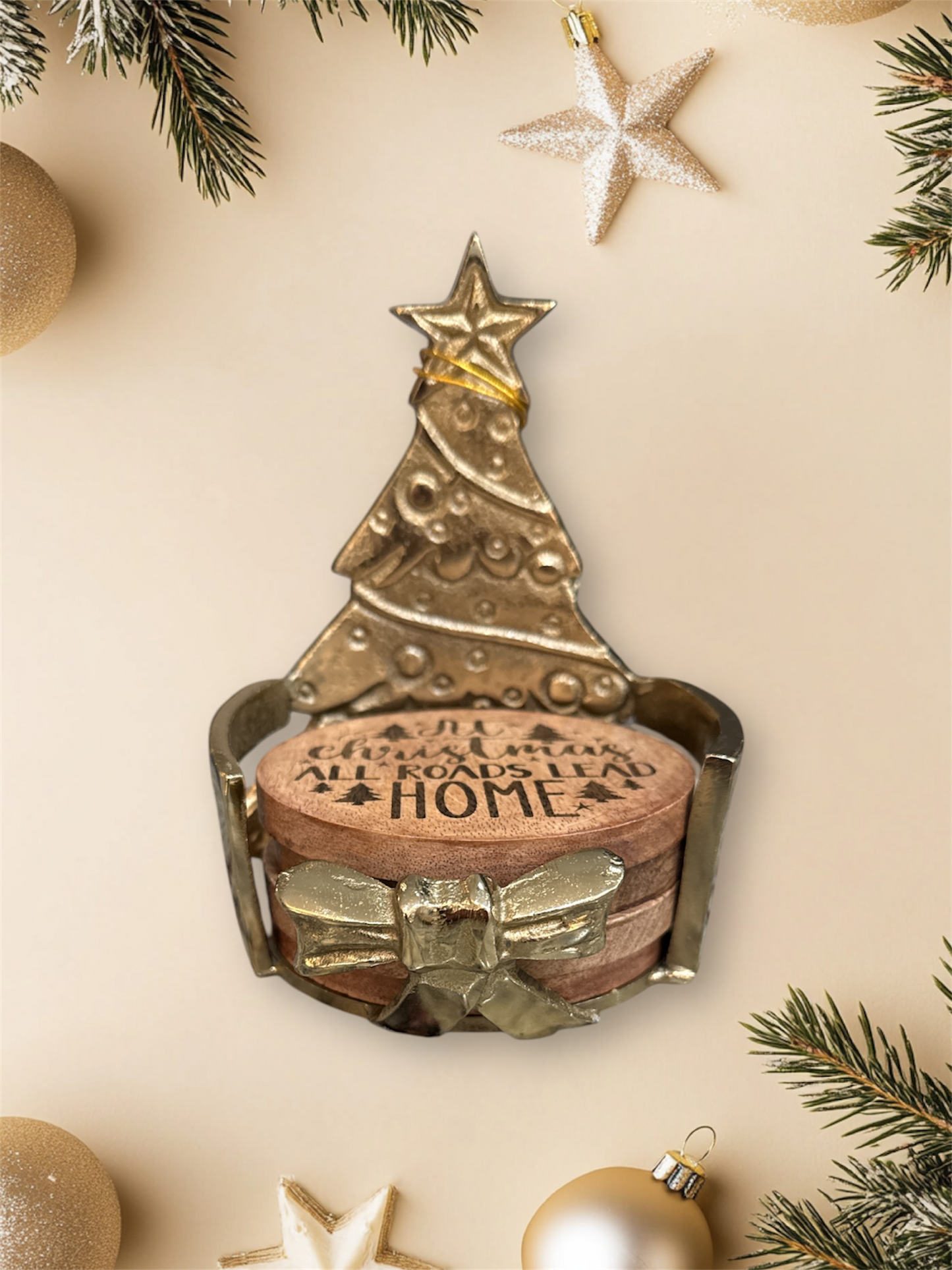 Set of 4 custom engraved Christmas movie themed wooden coasters in brass tree holder