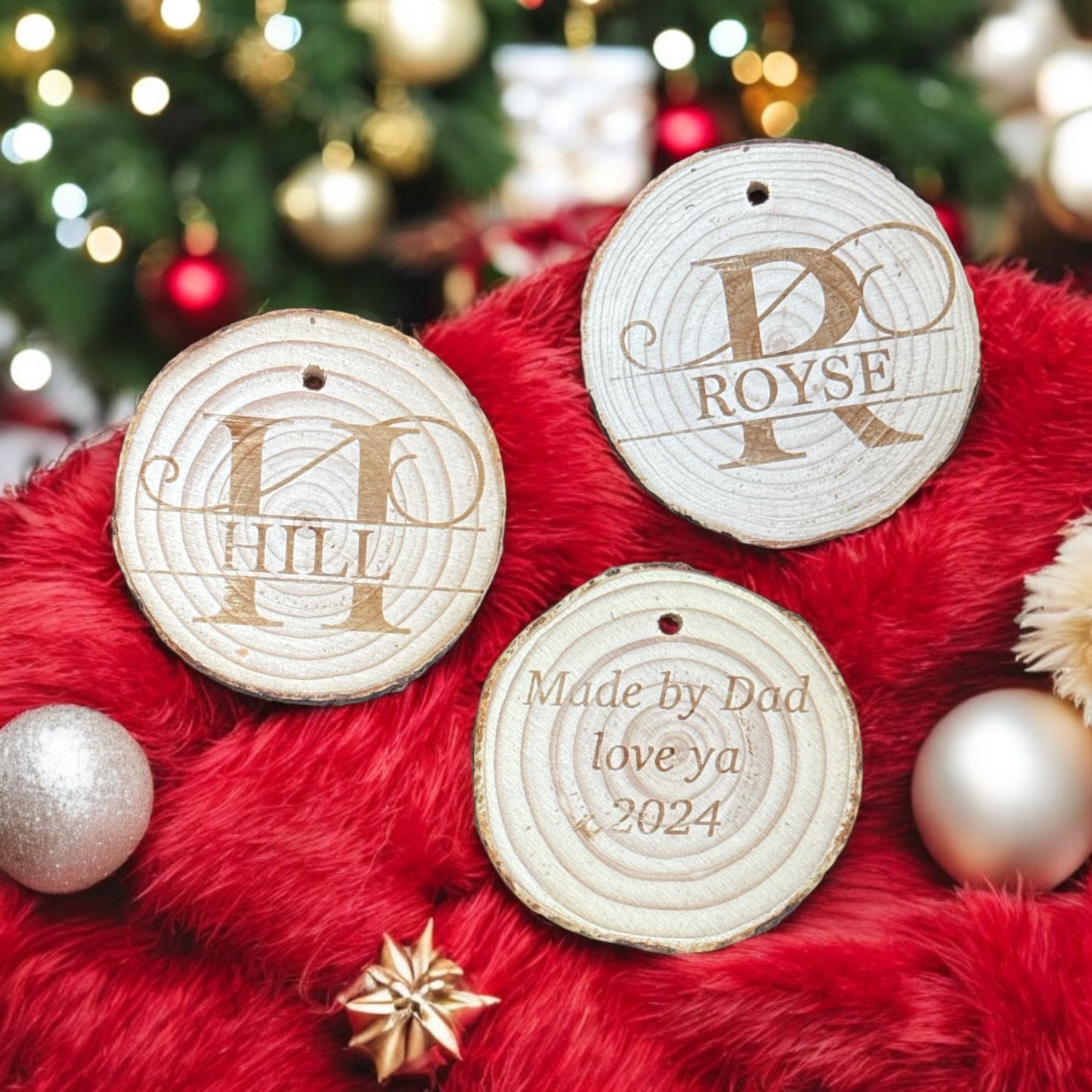 Personalized custom wood split monogram Christmas tree ornaments