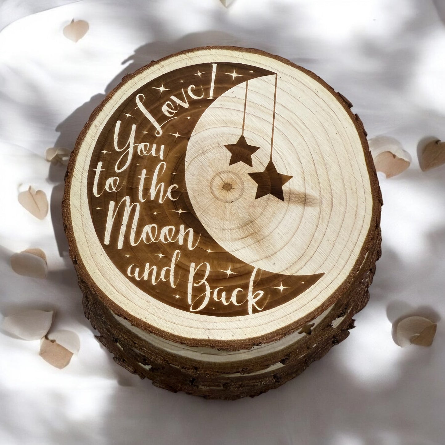 Valentines Day love you to the moon and back laser engraved set of 4 natural wood coasters