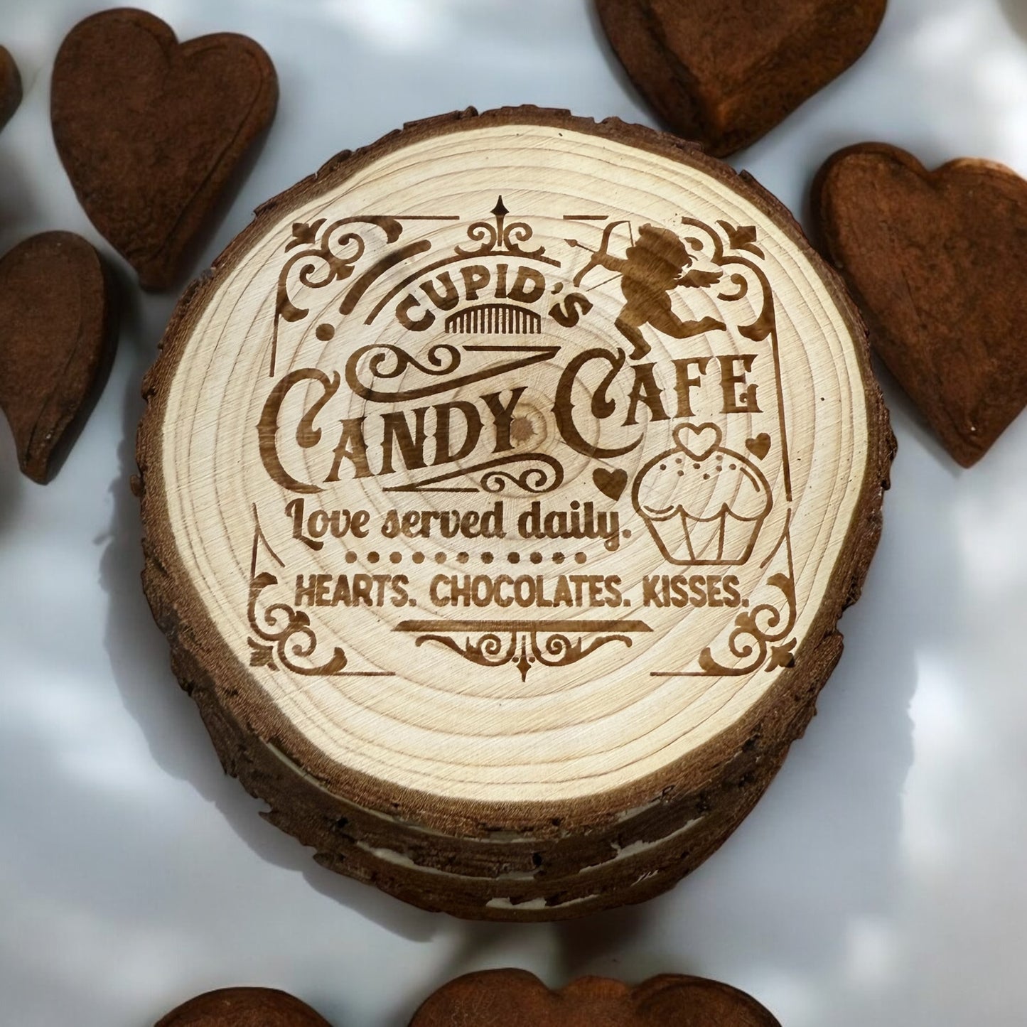 Valentine's Day natural wood coaster set of 4